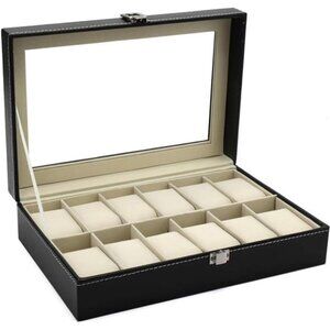 12 Slot Leather Watch Box Display Case Organizer with Framed Glass Lid Elegant